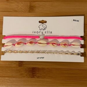 NWT Ivory Ella Women’s Necklaces (3) Pink beads,Cream Colored Shells, Gold Chain